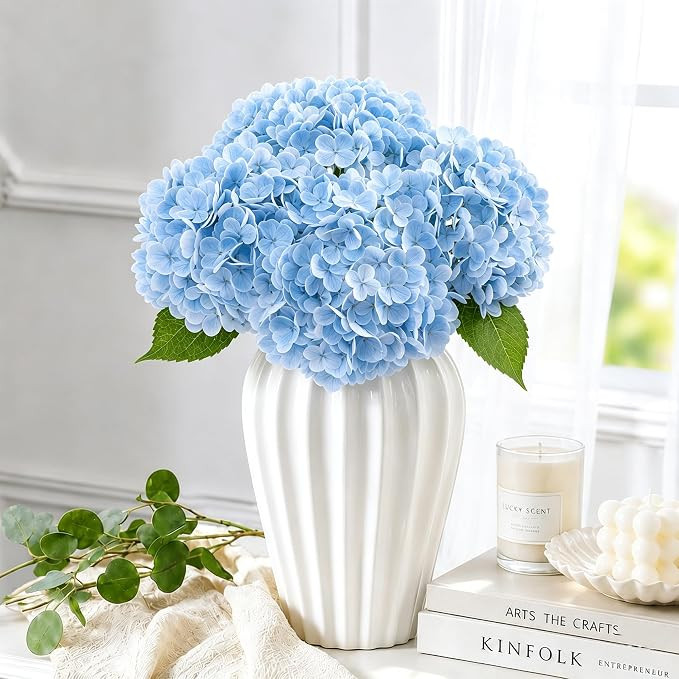 4Pcs Blue Hydrangea Artificial Flowers,Realistic Latex Faux Hydrangeas with Long Stems 21" for Fl... | Amazon (US)