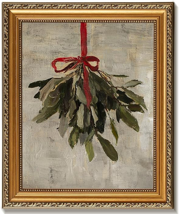 Vodefoad Vintage Christmas Mistletoe Gold Framed Wall Art for Home Decor Christmas Muted Rustic P... | Amazon (US)