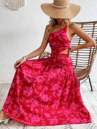 SHEIN VCAY Floral Print One Shoulder Cut Out Waist Ruffle Hem Dress | SHEIN