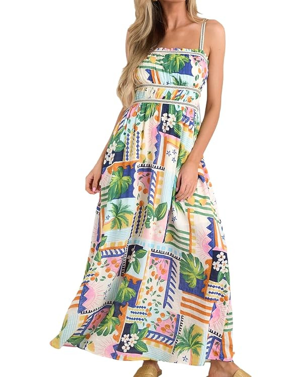 Women Boho Floral Print Summer Dresses Spaghetti Straps Maxi Dress Sleeveless Ruffle Beach Flowy ... | Amazon (US)