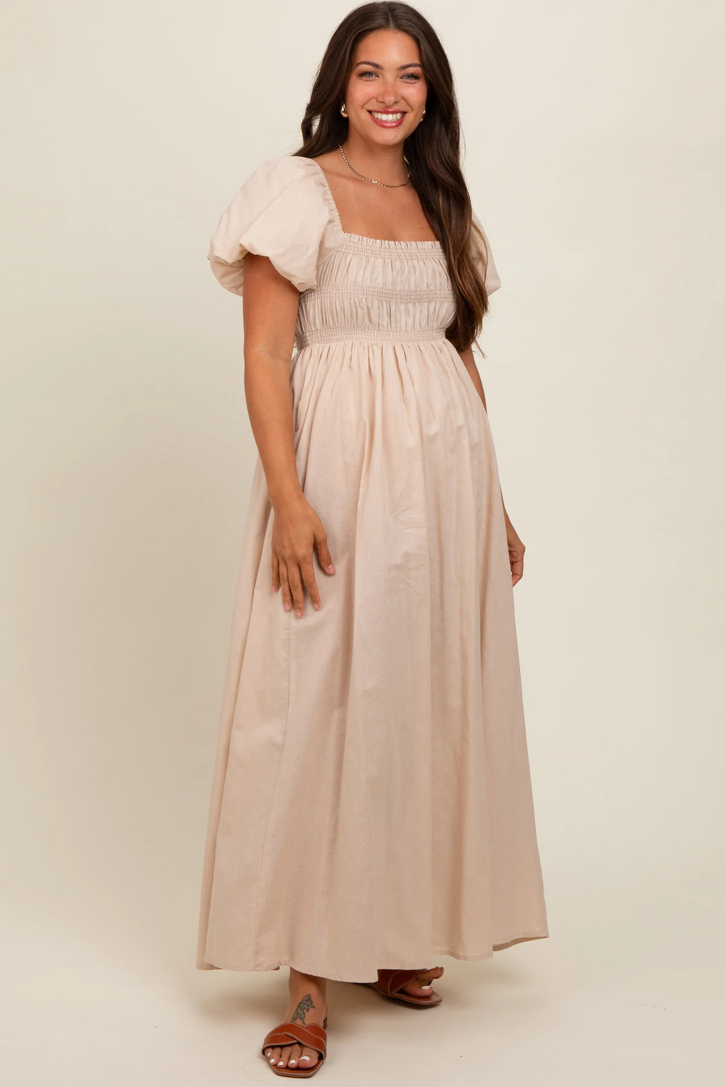 Cream Puff Sleeve Smocked Maternity Maxi Dress | PinkBlush Maternity
