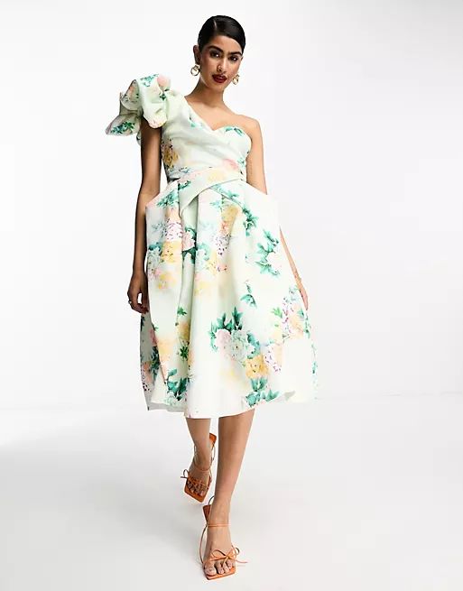 ASOS DESIGN&nbsp;one shoulder origami midi prom dress in blue floral print | ASOS (Global)