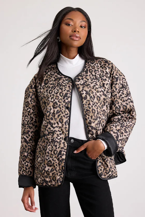 Lisa Brown Leopard Print Collarless Quilted Jacket | Lulus