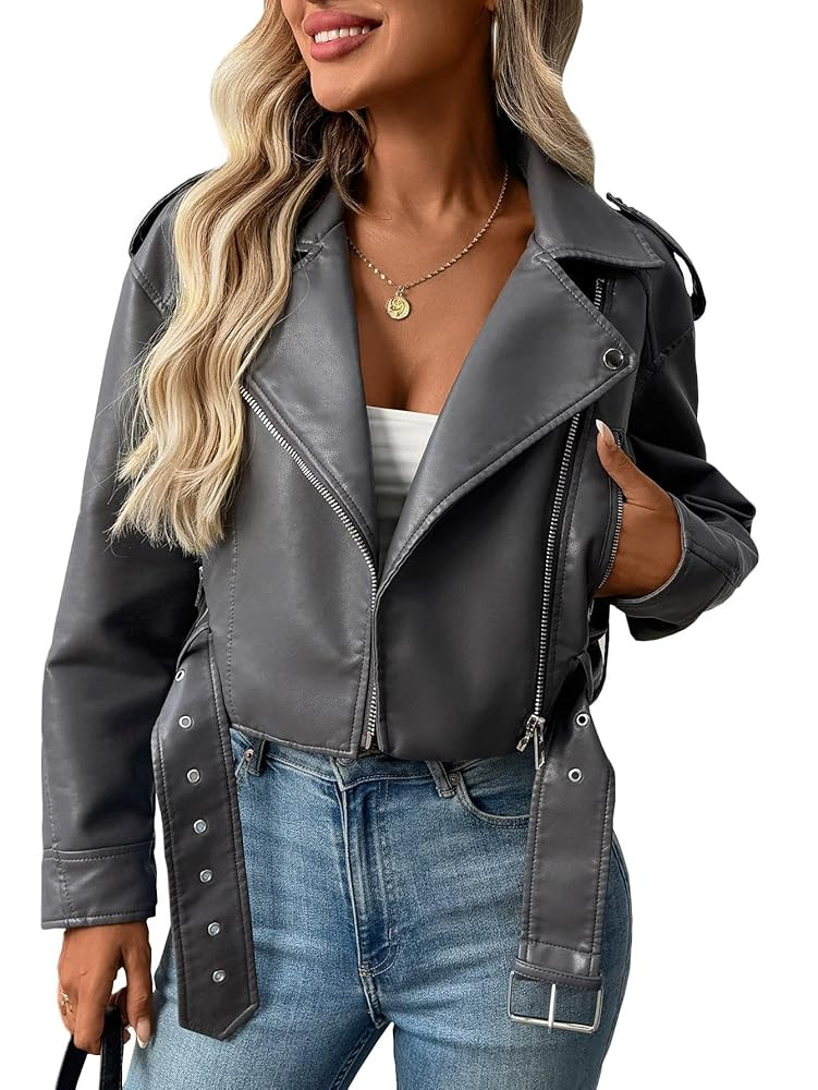 LY VAREY LIN Women Faux Leather Cropped Jacket Vegan Motor Biker Coat with Belt | Amazon (US)