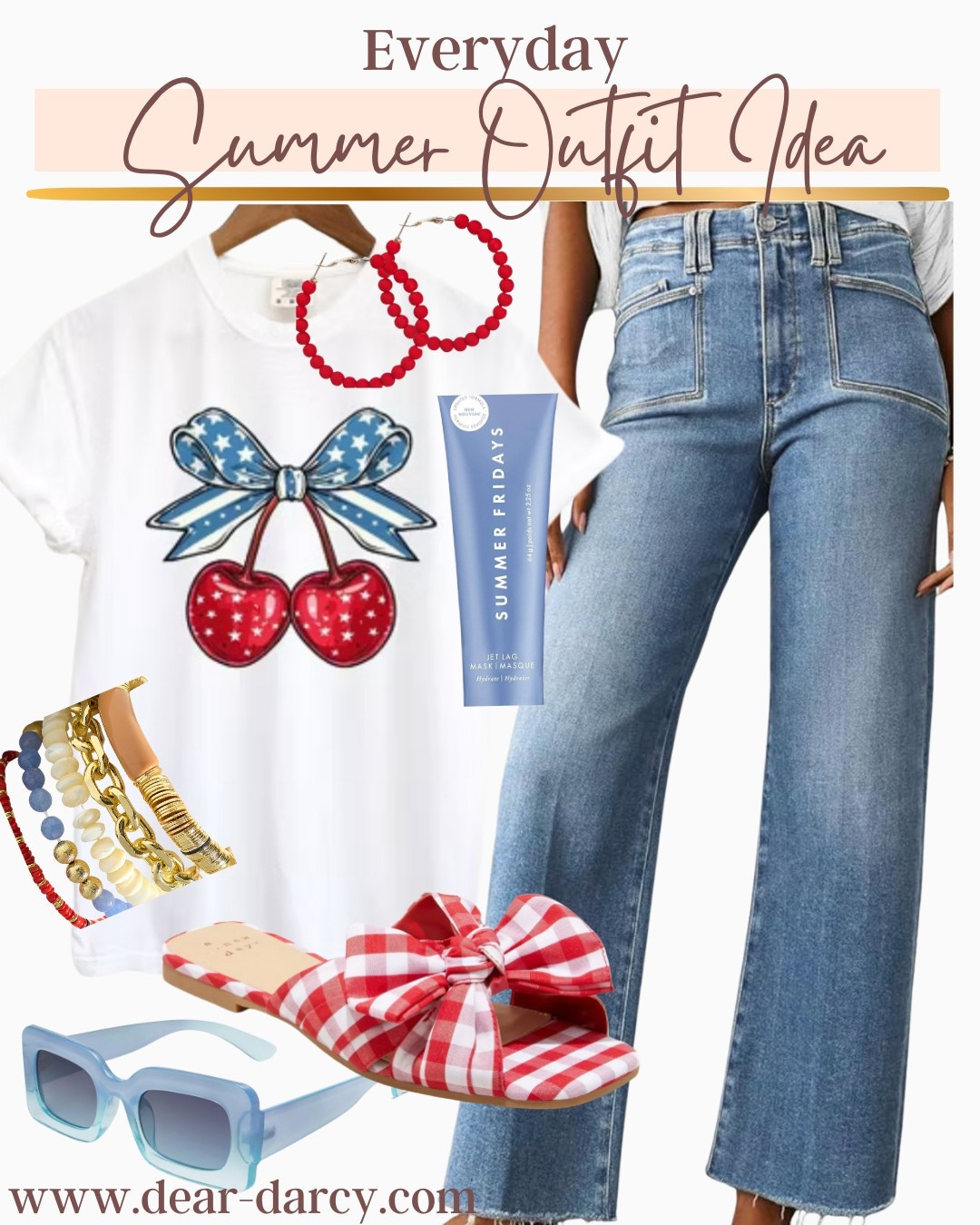 Amazon & Target  finds 

Summer outfit idea

Perfect for Memorial Day and 4th of July…

Affordable and oh so cute🍒

Cherry tee

Front pocket denim jeans under $45

Darling gingham bow sandals 

Red beaded hoops

Sunday Friday 

Blue shades $13

Bracelet stack 

#LTKStyleTip #LTKFindsUnder50