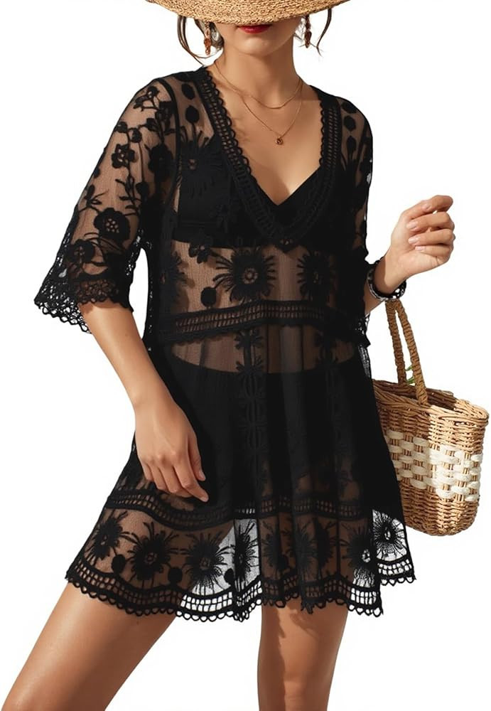 Eomenie Women's Contrast Lace Bathing Suit Cover Up V-Neck Swimsuit Coverups Loose Swimwear Beach... | Amazon (US)