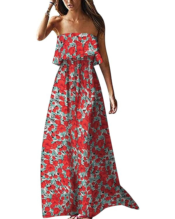 ZMPSIISA Women's Summer Off The Shoulder Maxi Dress Ruffle Strapless Blue White Porcelain Boho Ca... | Amazon (US)