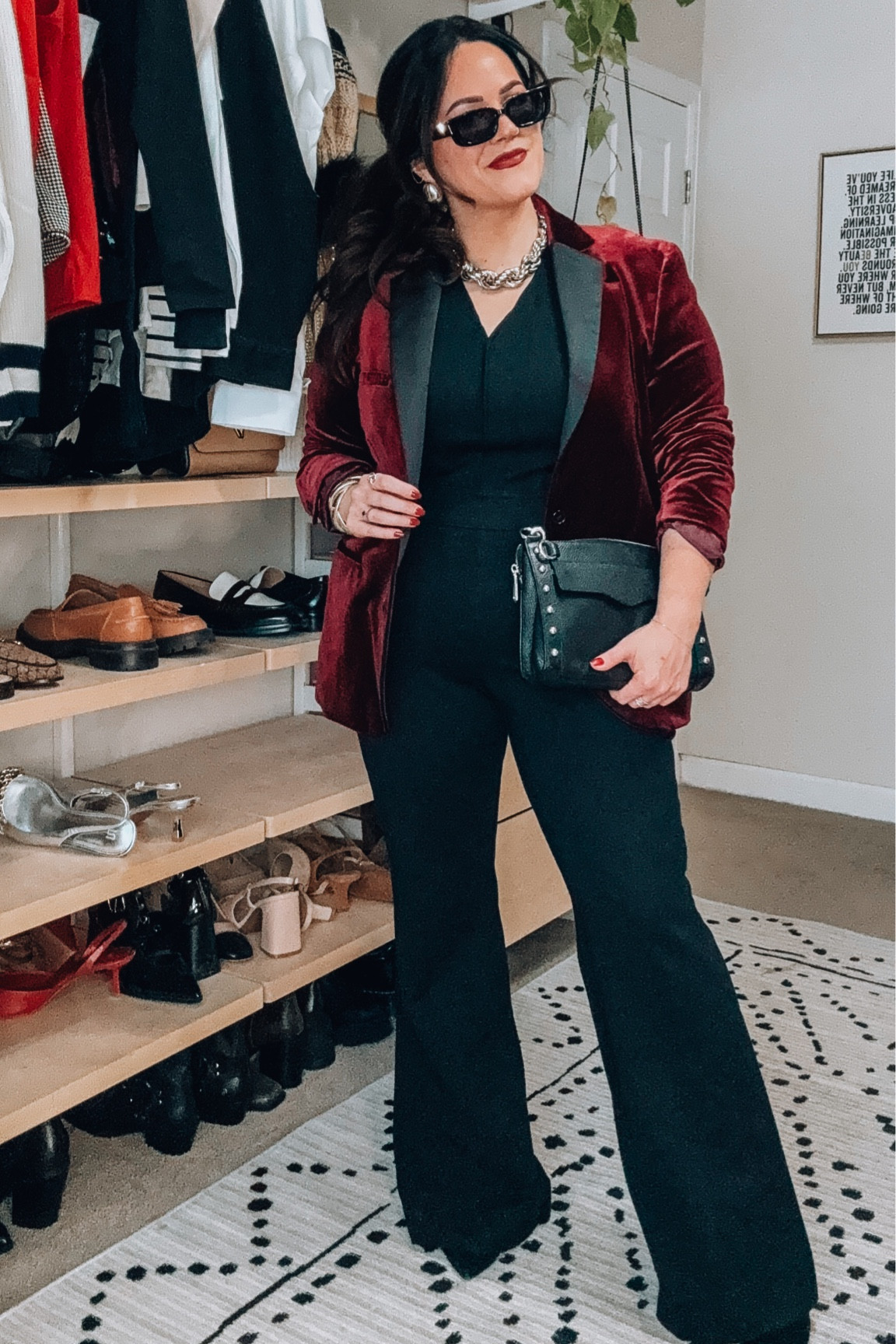 Midsize holiday outfit idea 
Spanx jumpsuit xl regular 
Velvet blazer large 


#LTKmidsize #LTKHoliday #LTKSeasonal