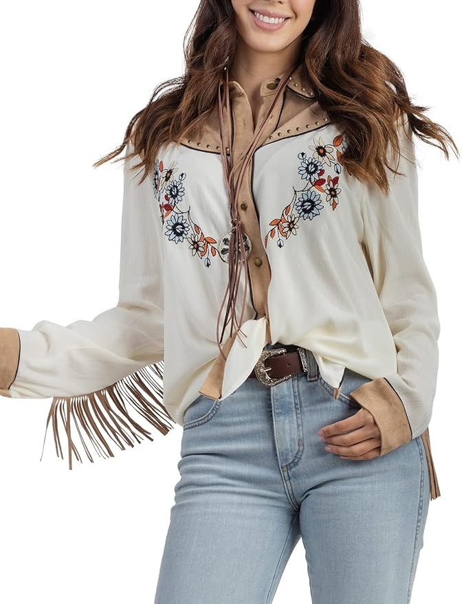 Women's Embroidered Western Long Sleeve Buttons Down Shirts Collared Retro Casual Blouses Shirts | Amazon (US)