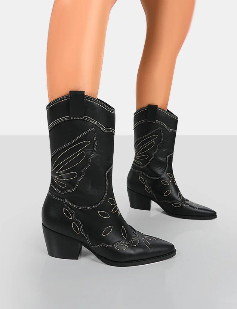 Howdy Black PU Pointed Toe Western Cowboy Ankle Boots | Public Desire