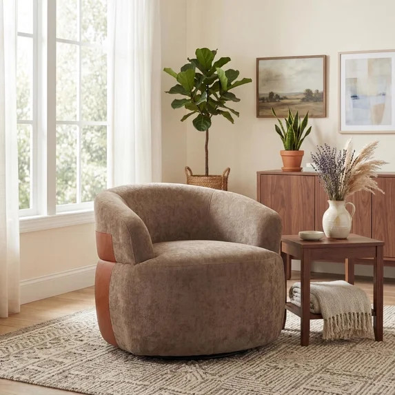 Christopher Knight Home Modern 360° Swivel Barrel Accent Chair, Polyester Fabric with Leather Ac... | Walmart (US)