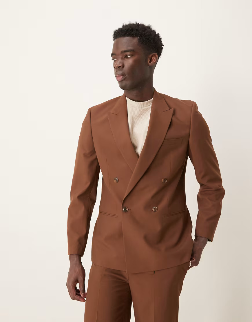 ASOS DESIGN double breasted slim suit jacket in brown | ASOS (Global)