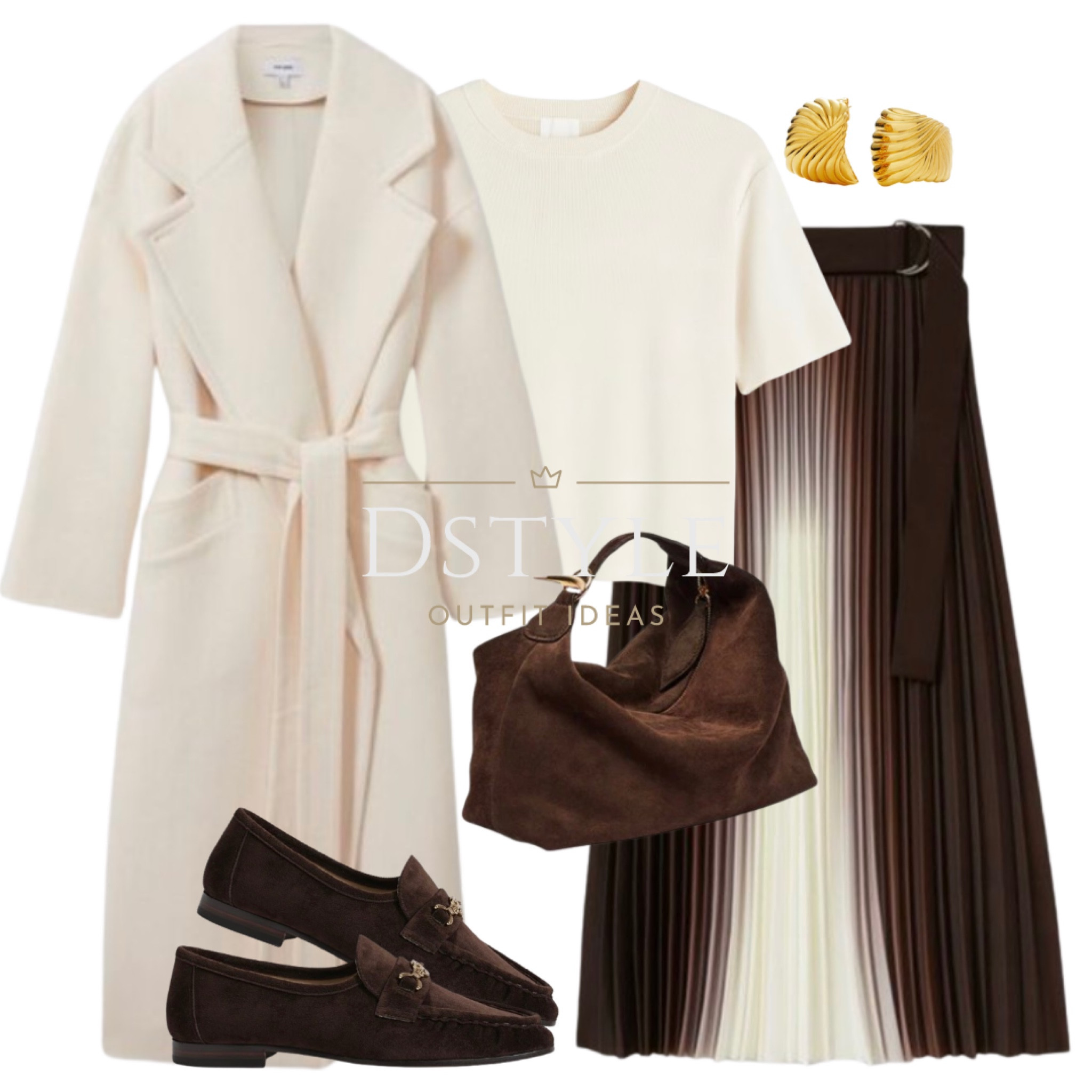 Cream wool-blend coat, cream top, pleated midi skirt in chocolate brown and cream, brown suede loafers, dark brown suede bag

#LTKStyleTip #LTKWorkwear #LTKShoeCrush