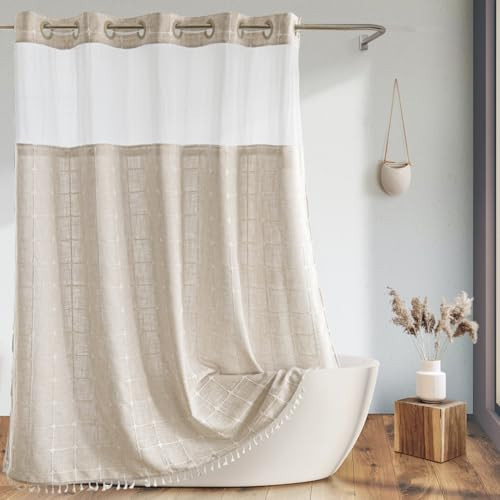 Extra Long Shower Curtains with Snap-in Liner, No Hooks Needed, Fabric Shower Curtains with Tassels for Rustic Bathroom Decor,with Window,with Magnets,Water Repellent&Machine Washable,Linen,71x98Inch | Amazon (US)