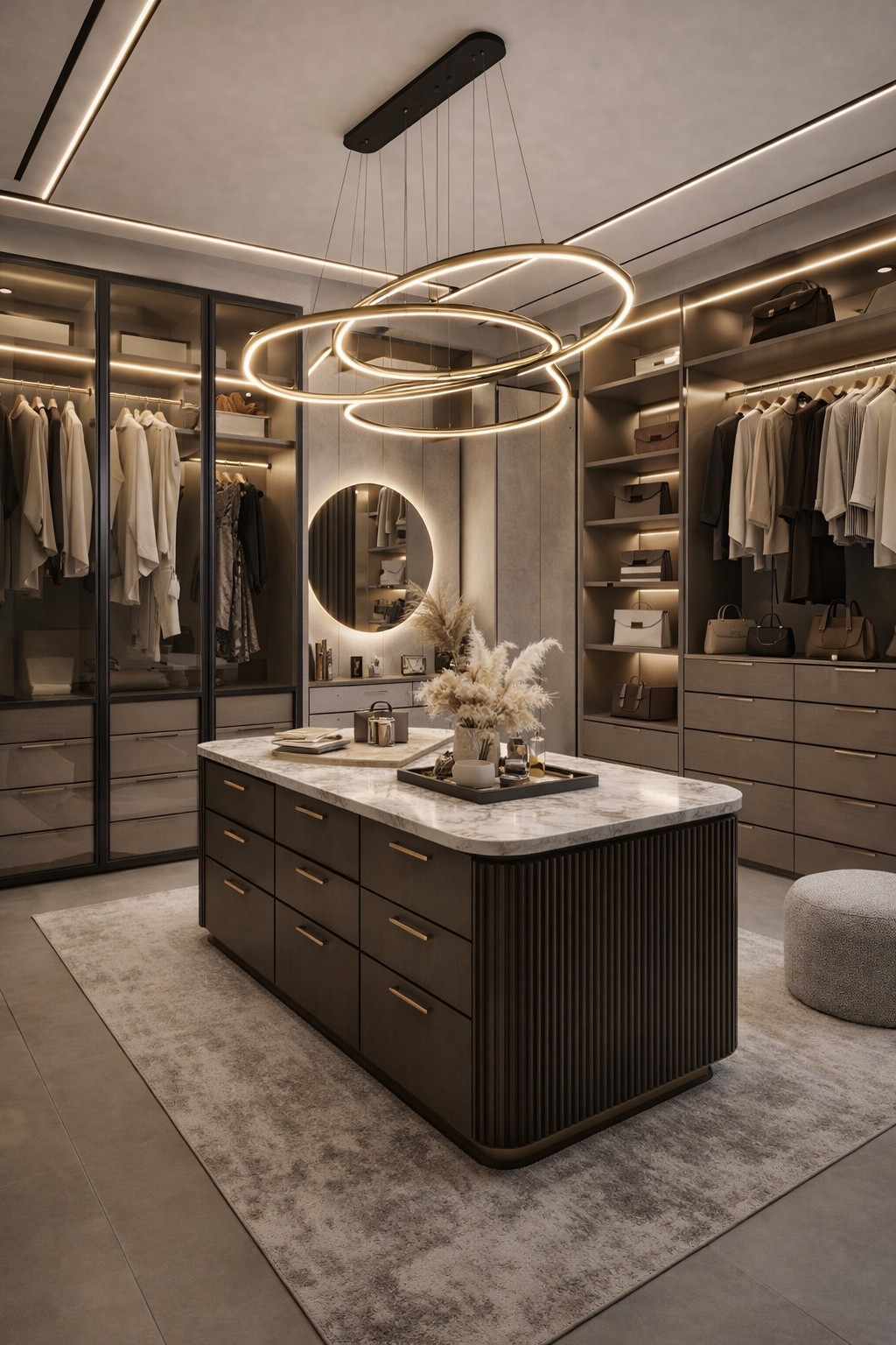 A sophisticated walk in closet with a center island, warm lighting, and a sleek designer look.

#walkincloset #luxurycloset #closetideas #closetdesign #moderncloset #glamhome #organizedhome #customcloset #closetorganization #closetinspo #homedecor #interiordesign #luxuryhome #designerhome #closetisland #dreamcloset #highendinteriors #homeinspo #designinspo #wayfairhome #ltkhome #ltkdecor #ltkdesign #ltkfinds #ltkit #shopthelook #pinteresthome #elegantinteriors #modernluxury #closetgoals