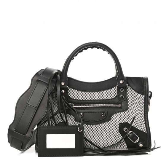 Calfskin Twill Classic Silver Hardware Mini City Black White | Fashionphile