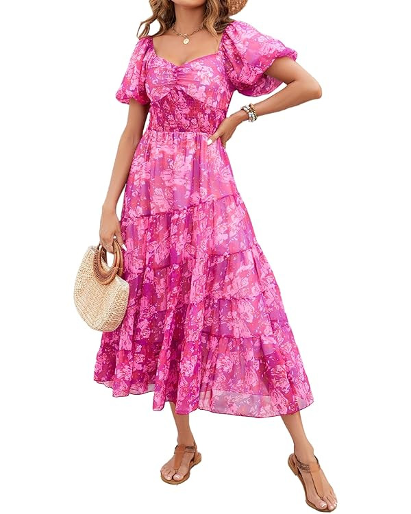 Women Floral Maxi Dress Short Puff Sleeve V Neck Bohemian Flowy Dress Smocked Casual Spring Summe... | Amazon (US)