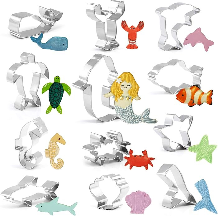 GWHOLE 12Pcs Sea Creature Cookie Cutter Set, Small Ocean Sea Life Mermaid Cookie and Fondant Cutt... | Amazon (US)