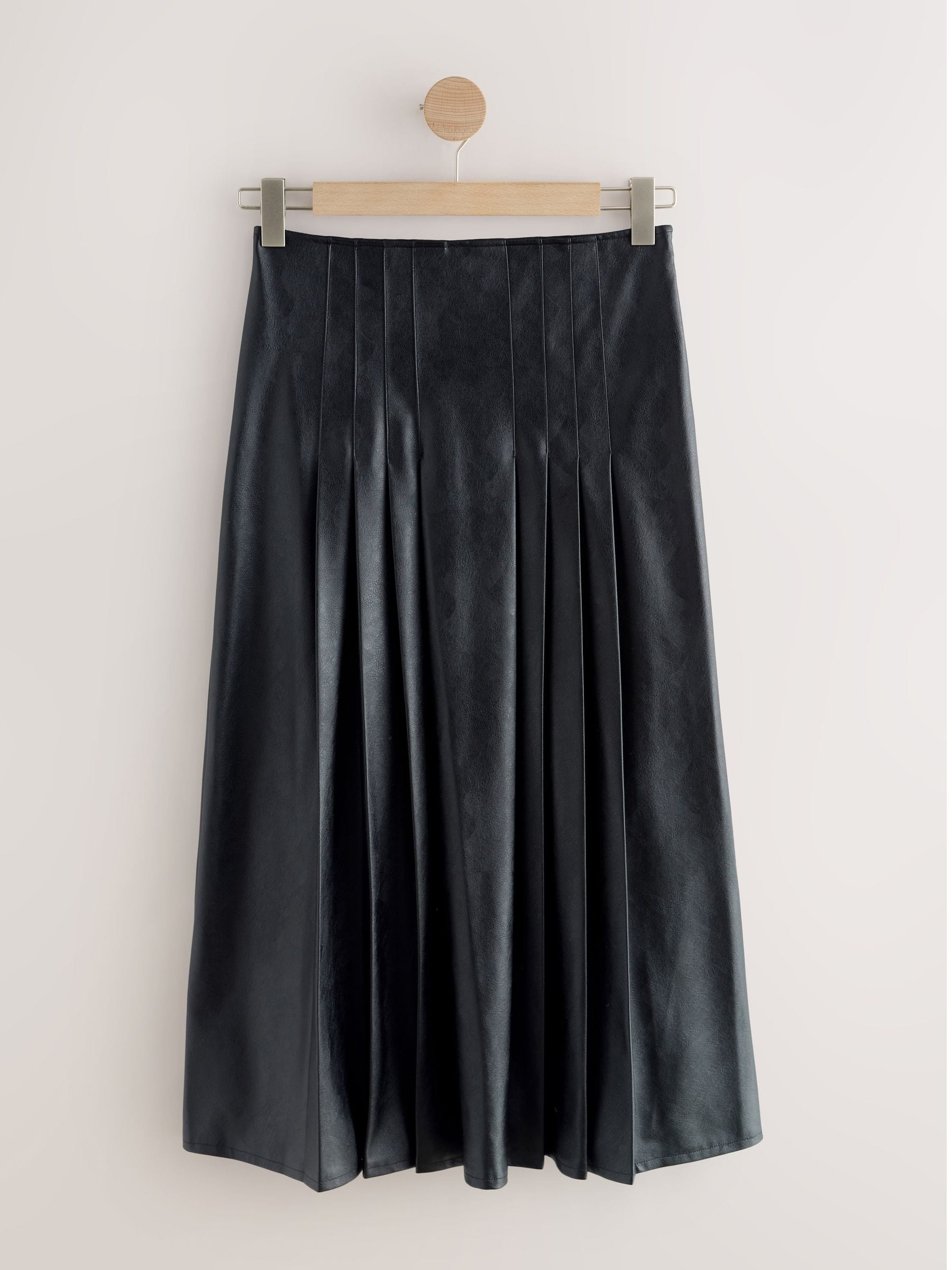 next Black Faux Leather Midi Kilt Skirt | Next US