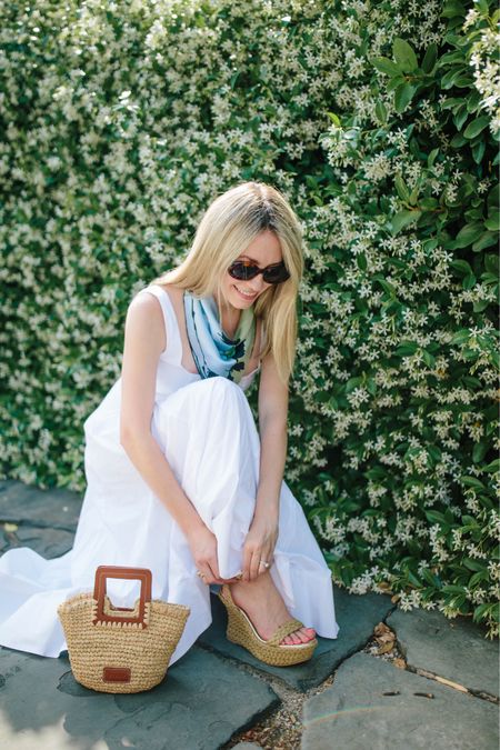 These are a few of my favorite things! @Saks serves it all up: a little white dress, platform espadrilles, raffia bags, chic sunnies, and statement scarves #Saks #SaksPartner 