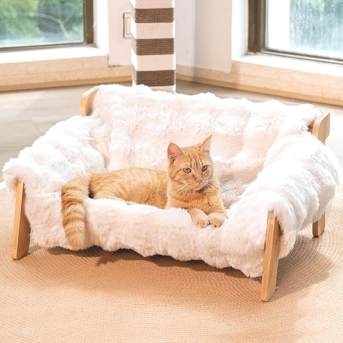 Elevated Cat Couch Bed for Indoor Cats, Wooden Cat Sofa with Removable Washable Fluffy Cover Rais... | Amazon (US)