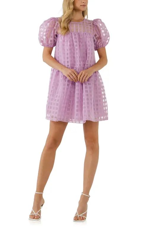 English Factory Gridded Puff Sleeve Dress in Lilac at Nordstrom, Size Medium | Nordstrom