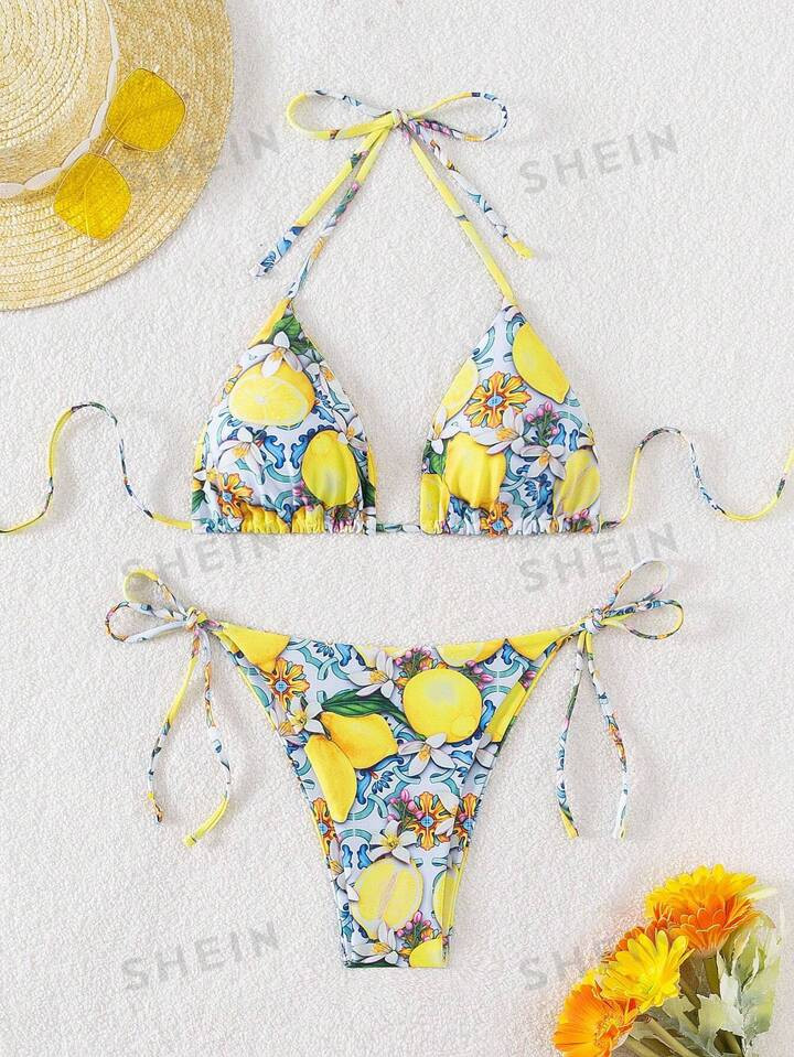 SHEIN Swim Mod Summer Beach Ladies' Lemon Printed Halter Neck Tie Swimsuit Set | SHEIN