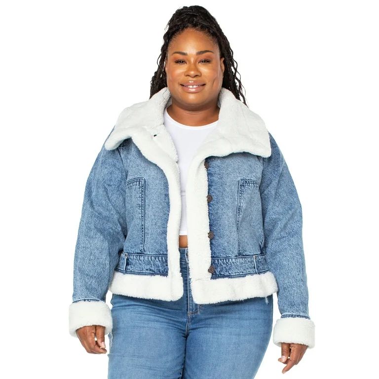 Celebrity Pink Juniors' Plus Size Faux Sherpa Lined Denim Jacket - Walmart.com | Walmart (US)