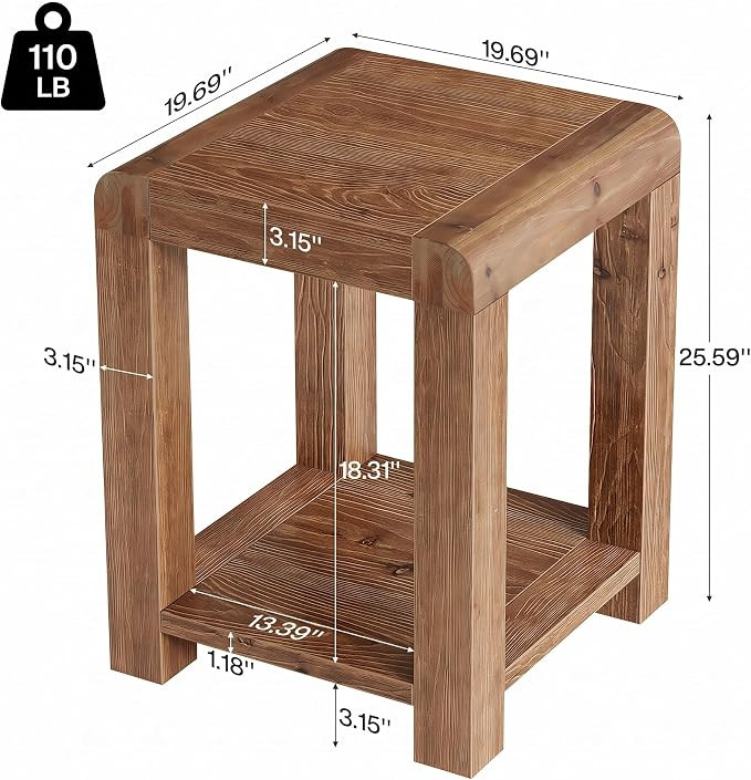 19.7" Solid Wood Square End Table with Open Storage Shelf, 2-Tier Farmhouse Side Table, Rustic Ni... | Amazon (US)