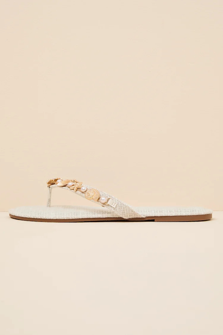 Danie Beige Seashell Pearl Thong Sandals | Lulus