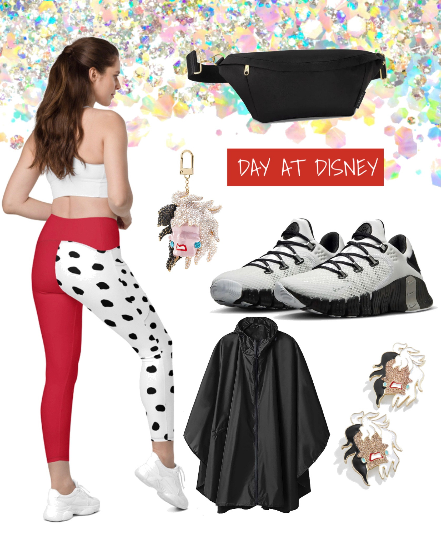 DISNEY // vacation outfit. Disney vacation. Cruella devil. 101 Dalmatians. Villain inspired. Nike. Running shoes. Bauble bar. Fanny back. Sling bag. Bag charm. Princess marathon. Disney run. Epcot. Magic kingdom. Disney world. Disneyland  