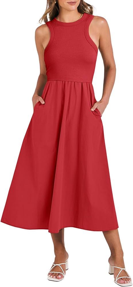 ANRABESS Women Summer Casual Sleeveless Midi Sundress Knit High Neck Tank Top Aline Flowy Dress 2... | Amazon (US)
