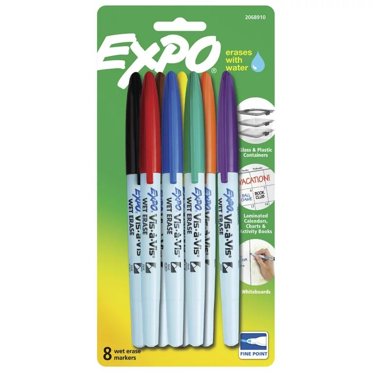 EXPO Vis-a-Vis Wet Erase Markers, Fine Point, Assorted Colors, 8 Count | Walmart (US)