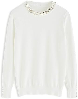 CHICWISH Women's Caramel/Black/Navy/Dusty Blue/Cream/White Pearl Trimmed Soft Knit Top | Amazon (US)