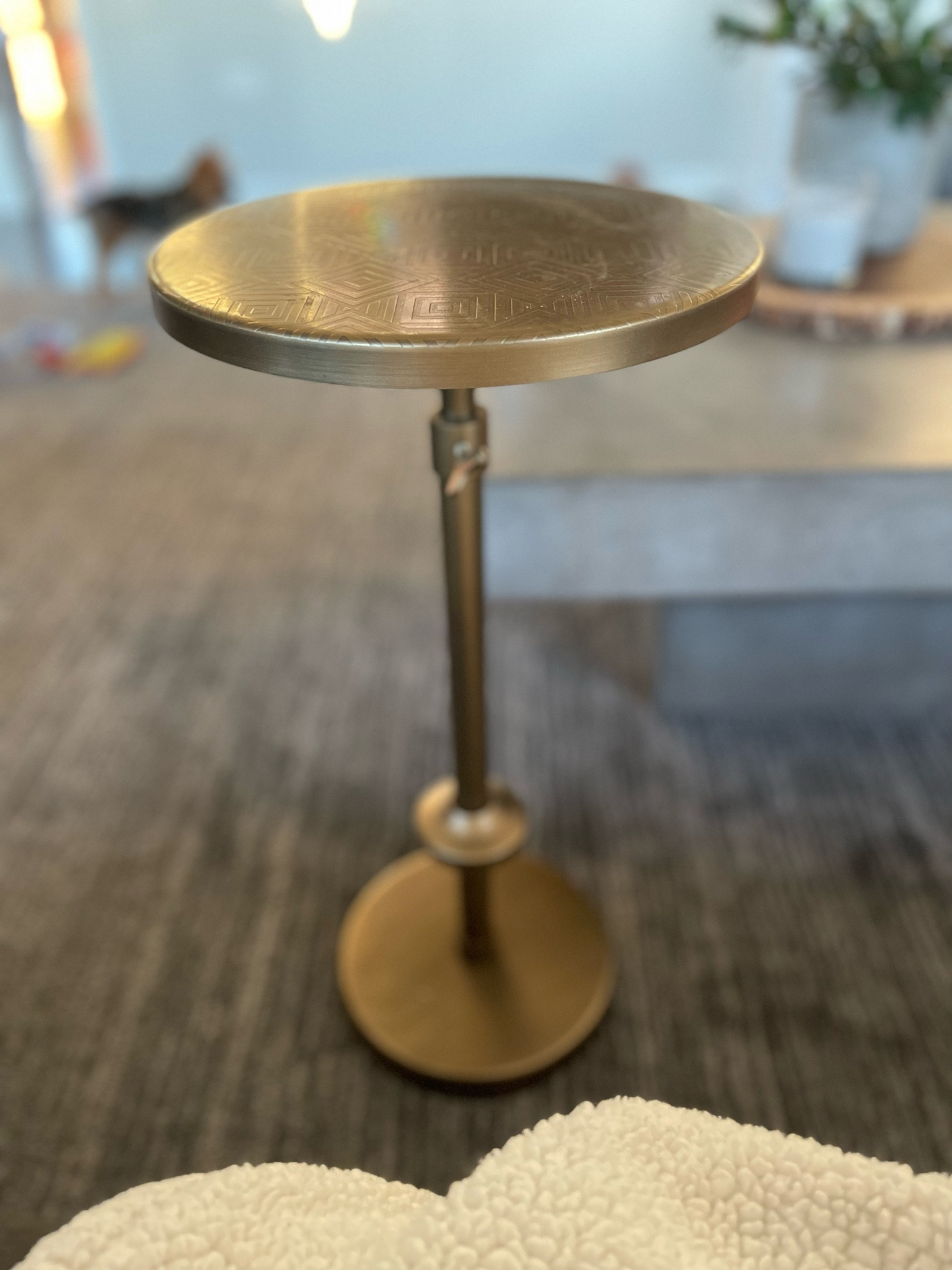 Antique brass, 11” round, Adjustable side table. 
Had ours for years & we use it everyday. It’s the perfect little size

#LTKhome #LTKfamily