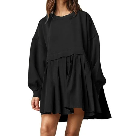 HOANSELAY Women Oversized Patchwork Sweatshirt Dress Long Sleeve Crew Neck Pullover Tunic Mini Dress Flowy Pleated Babydoll Dress | Walmart (US)