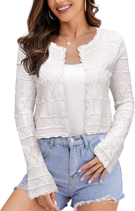 FAIRY SEASON Women's Cropped Cardigan Sweater Bell Long Sleeve Lightweight Crochet Button Down Ca... | Amazon (US)