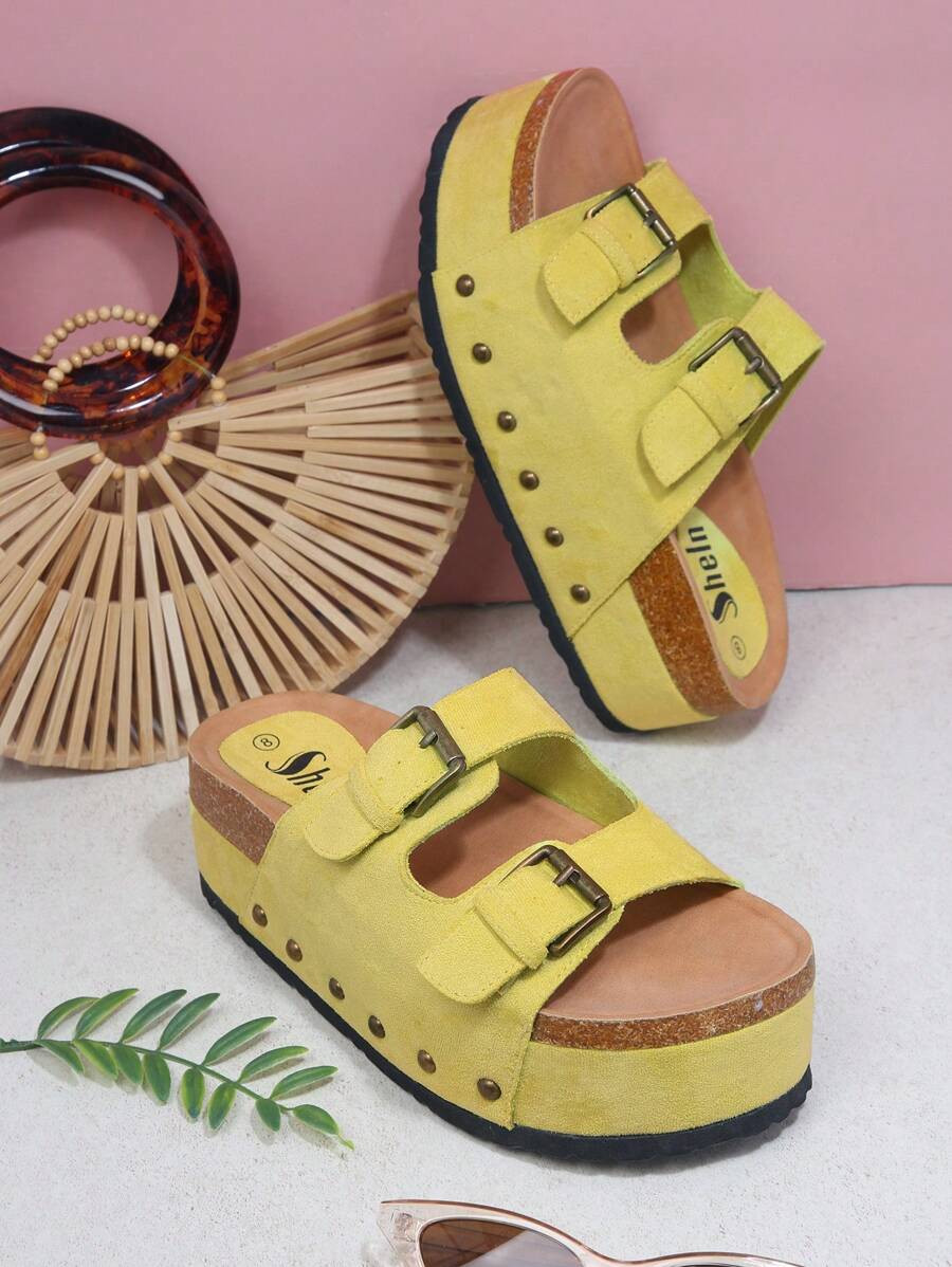 SHUZIA Round Toe Double Buckle Flatform Sliders | SHEIN
