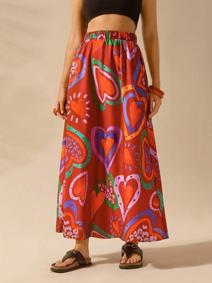CAJUNI Women's Colorful Heart-Shaped Print, Boho Print Long Skirt, Holiday Casual Beach Summer Bl... | SHEIN