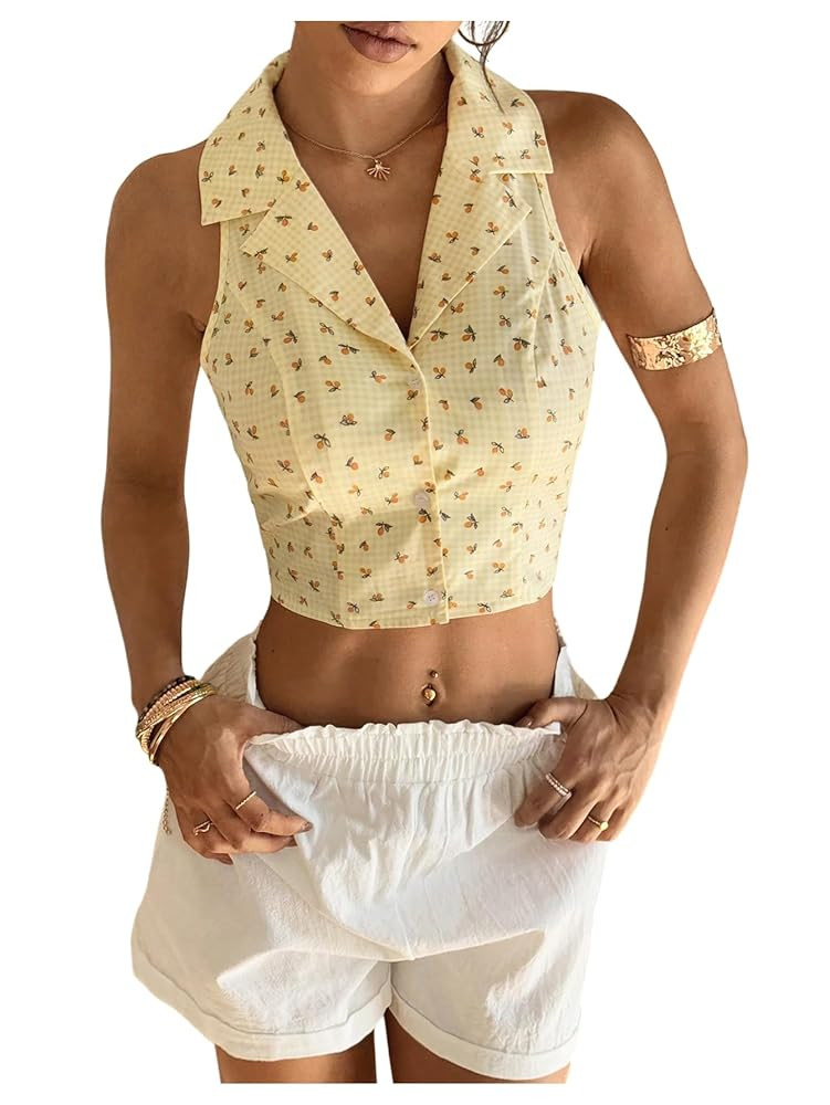 Floerns Women's Plaid Print Sleeveless Crop Tops Shirt Button Up Collared Cute Blouse | Amazon (US)