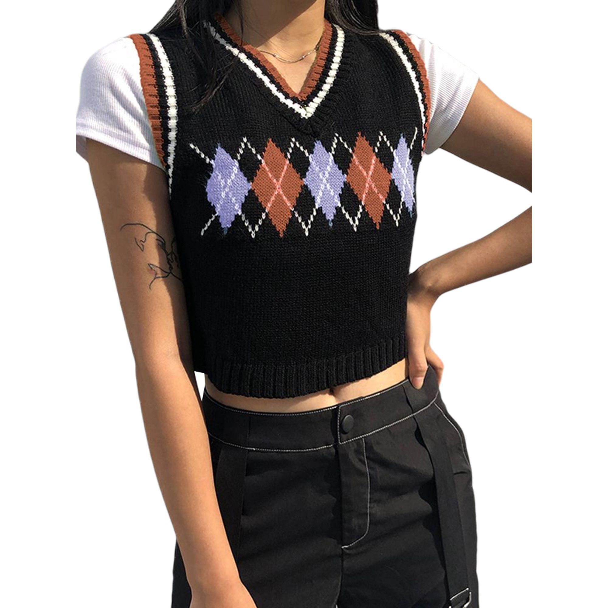 Wayren USA Women Streetwear Preppy Style Knitwear Tank Top V Neck Argyle Plaid Knitted Sweater Ve... | Walmart (US)