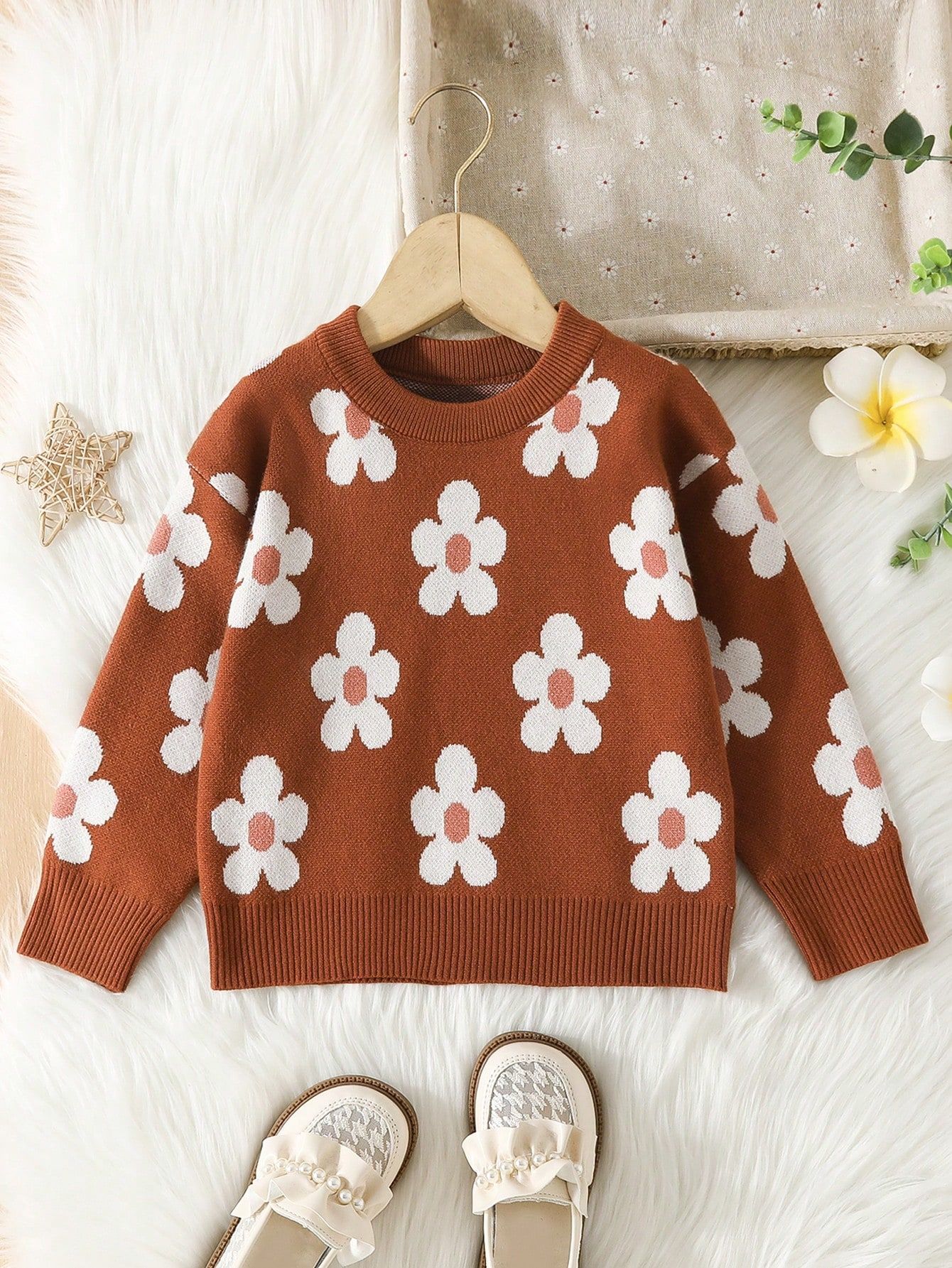 SHEIN Kids Y2Kool Young Girl Floral Pattern Drop Shoulder Sweater | SHEIN