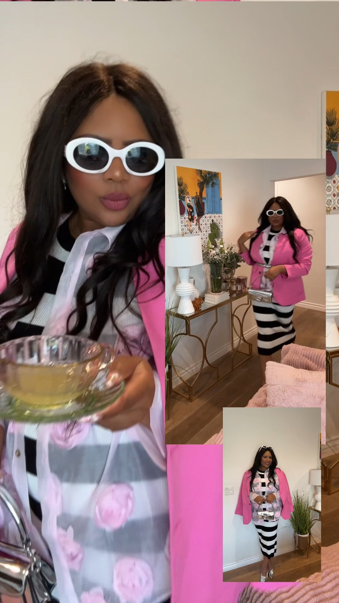 1 base 7 ways! Day 2. Using a base doesn’t mean the combinations have to look boring. One tip for restyling your wardrobe: don’t be afraid to buy color &  statement pieces like this pretty in pink sheer 3D flower button down shirt from Shein. Similar styles are over $300! I paired with a newly thrifted Pink blazer from HM, my white Celine sunnies (I linked some dupes from Amazon) and a silver belt & my fave metallic mules for a funky flair. 
I’m Obsessed with this Coach tabby 22 In metallic silver. She’s quickly becoming one of my faves to wear! 

#LTKstyletip #LTKitbag #LTKmidsize