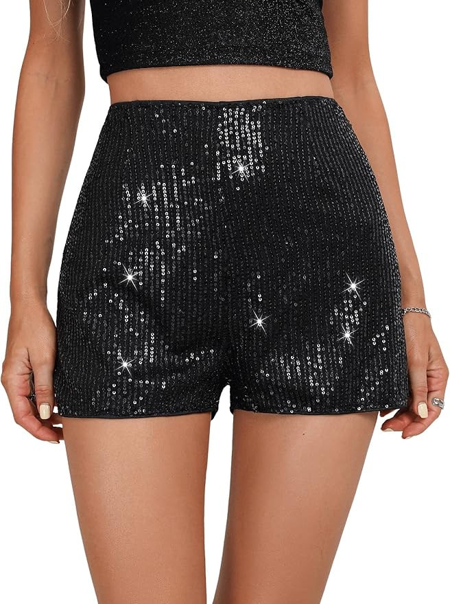 SweatyRocks Women's Sequins High Elastic Waist Straight Leg Shorts Solid Glitter Party Shorts | Amazon (US)