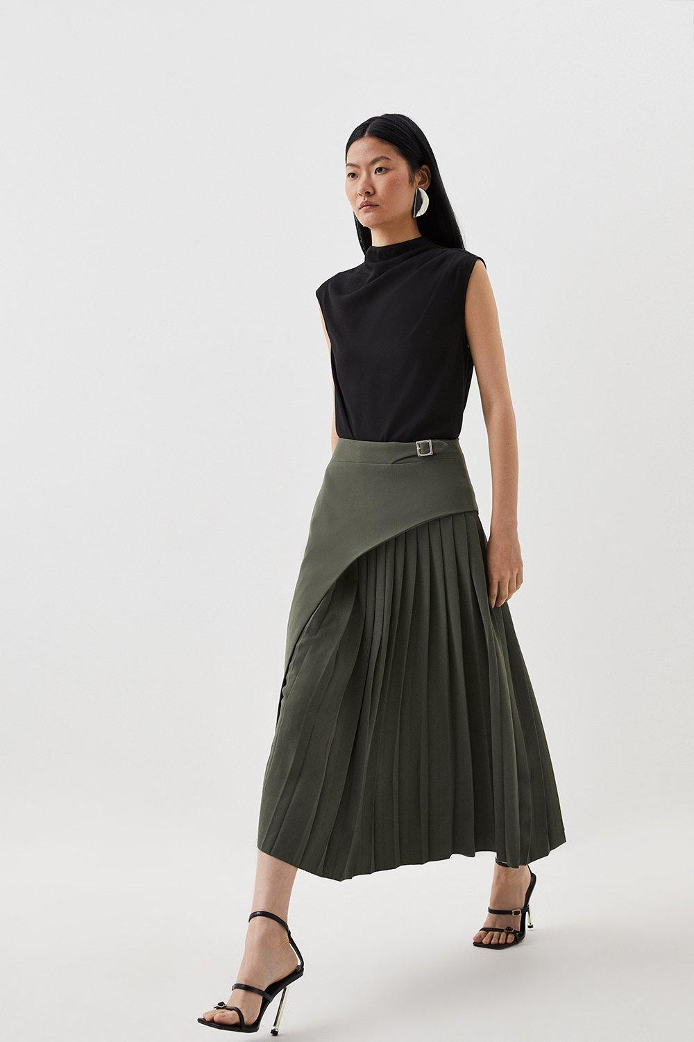 Tailored Buckle Detail Pleated Midi Skirt | Karen Millen UK + IE + DE + NL