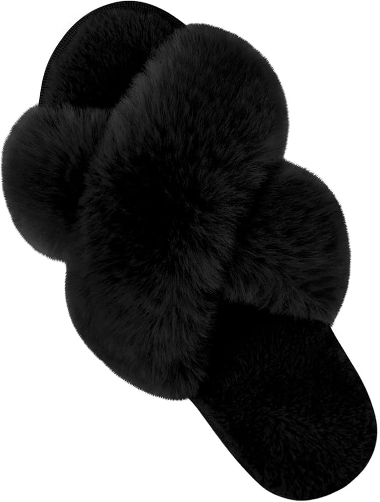DL Womens Cross Band Soft Plush Slippers Furry Fleece Slip on Slippers Open Toe House Shoes Slide... | Amazon (US)