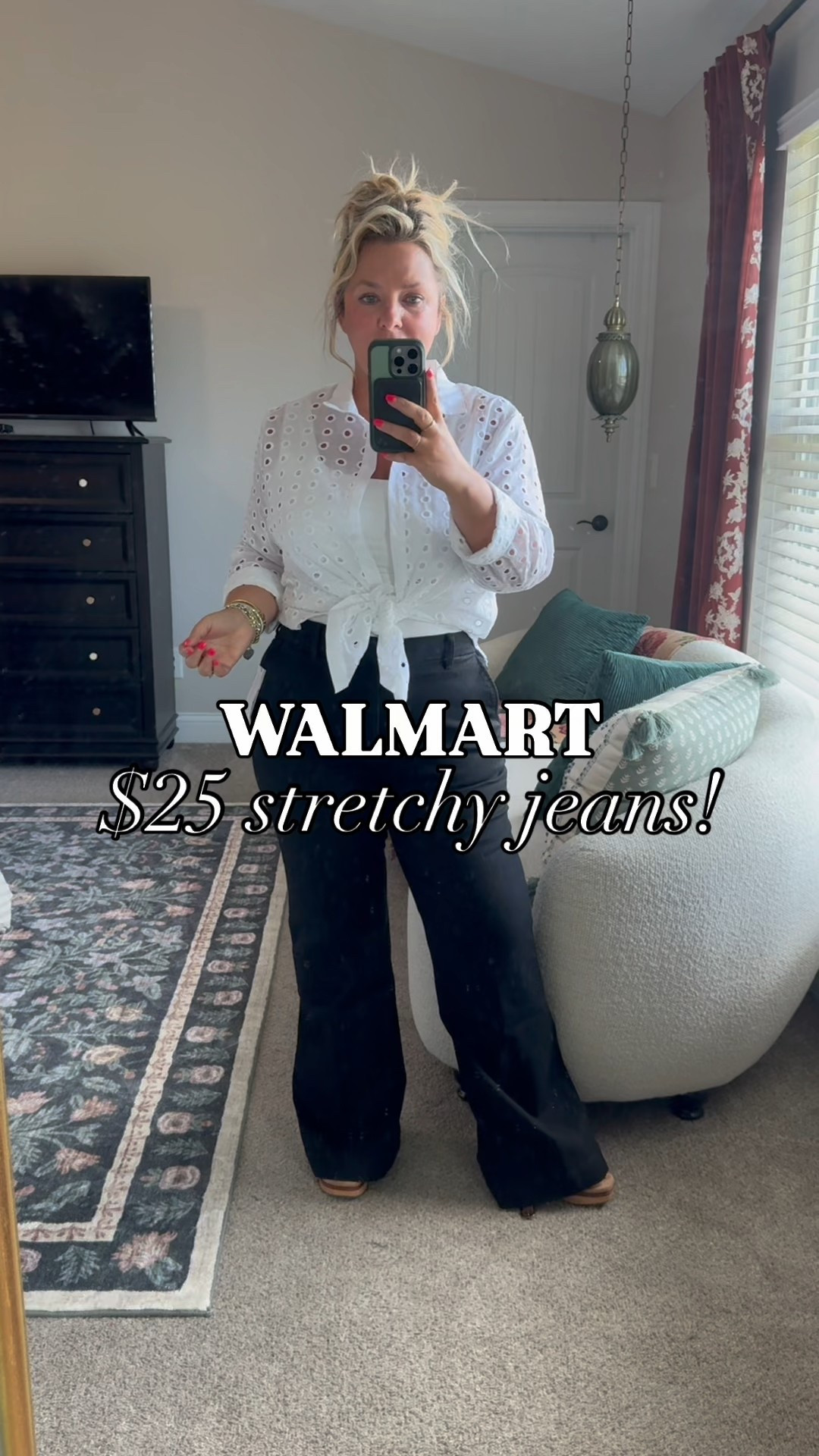 These stretch denim trousers are EVERYTHING! Size inclusive and come in multiple length options! This crisp white button up top is supposed to be a swim cover up but I love it styled as a regular top! All from Walmart! I’m in my usual sz 14, wearing the short length which are still a tad long & I’m 5’2”, wearing my usual L in the tops  

#LTKFindsUnder50 #LTKMidsize #LTKPetite
