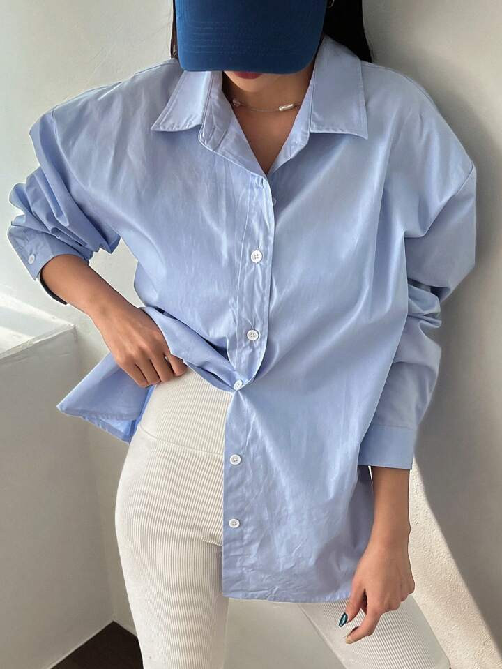 DAZY Solid Drop Shoulder Button Up Oversized Shirt | SHEIN