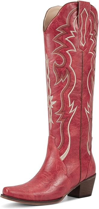 wetkiss Black Cowboy Boots for Women Knee High Cowgirl Tall Boots with Classic Retro Embroidered ... | Amazon (US)