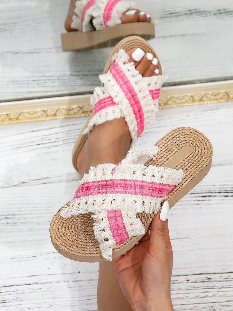 Kate Miuch Women's Spring/Summer Fashion Cute Dopamine Minimalist Girly Sweet Lovely Pink Sandals, Suitable For Beach Vacation, Valentine's Day Date, Outdoor Music Festival, Picnic. Pink Tassel Trim Women Sandals, European And American Sexy Street Style Soft Lightweight Easy To Carry Light Pink Women Slippers | SHEIN